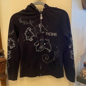 BCBG Women Y2K Rhinestone Chain Embellish Bling Hoodie Zip Jacket Size Small
